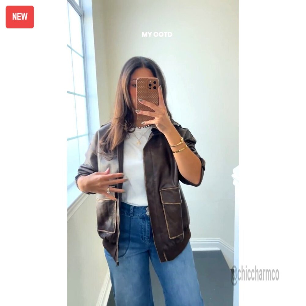 Oversized Faux Leather Bomber Jacket, Zip Up Motorcycle Style, Fall Outerwear - Picture 5 of 7